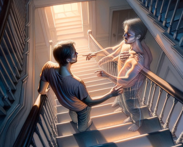 Man on Staircase Engaging in Self-Reflection Theme