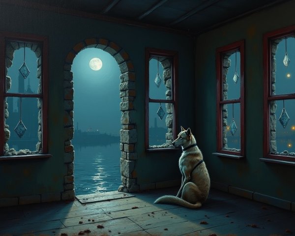 Wolf by Window in Moonlit Room with Tranquil Atmosphere