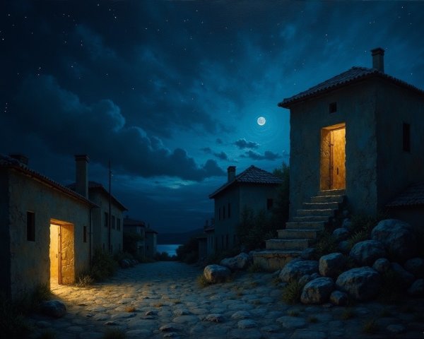 Serene Nighttime Scene with Winding Stone Path