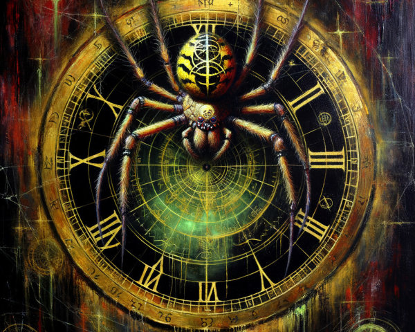 Intricate Spider Artwork with Clock Patterns and Colors