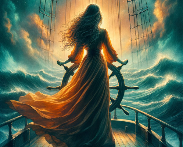 Woman in Orange Dress at Ship's Helm with Seascape