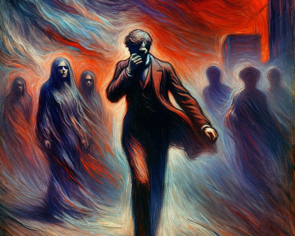 Figure in Dark Suit Amidst Colorful Haze and Shadows