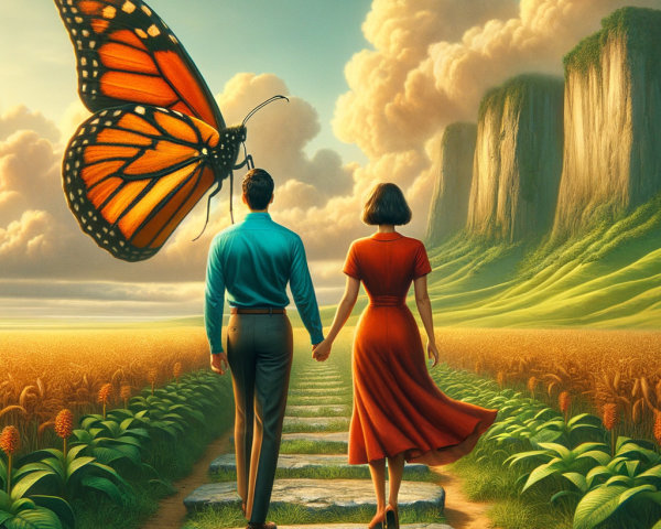 Couple Walking Through Golden Field with Cliffs and Sky