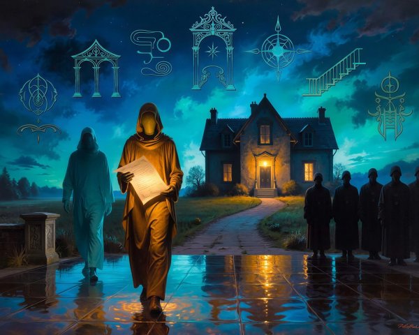 Mysterious Night Scene with Hooded Figures and Glow