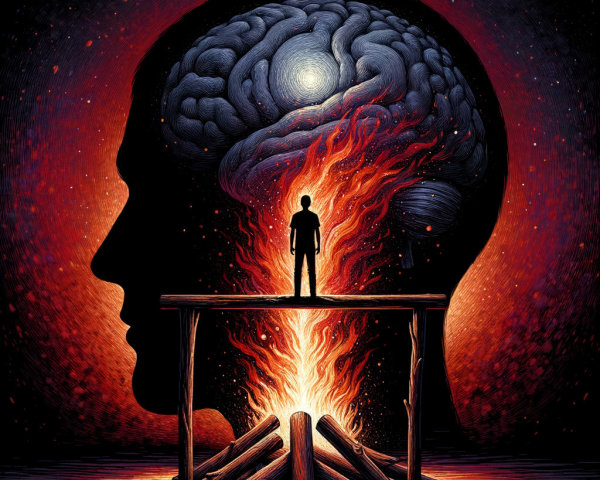 Silhouette of Head with Glowing Brain and Flames