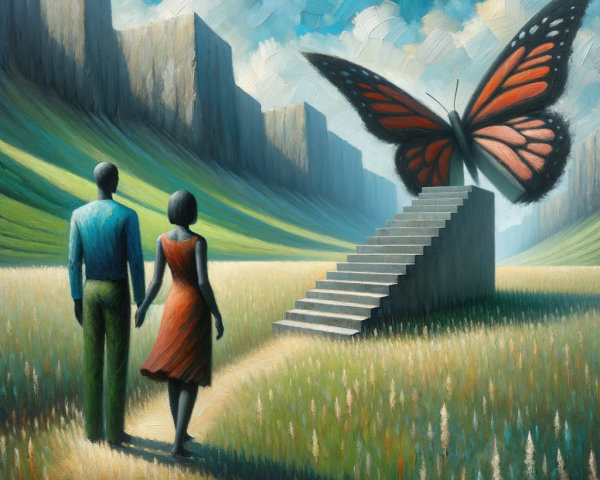 Surreal Landscape with Couple and Colossal Butterfly
