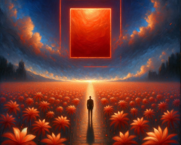Solitary Figure in a Flower Field Under Dramatic Sky