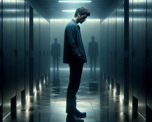 Solitary Figure in Dimly Lit Corridor with Lockers