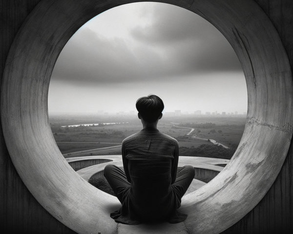 Solitary Figure in Circular Opening Overlooking Landscape