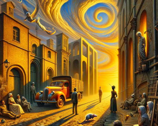 Surreal Sunset Street Scene with Vintage Truck and Figures