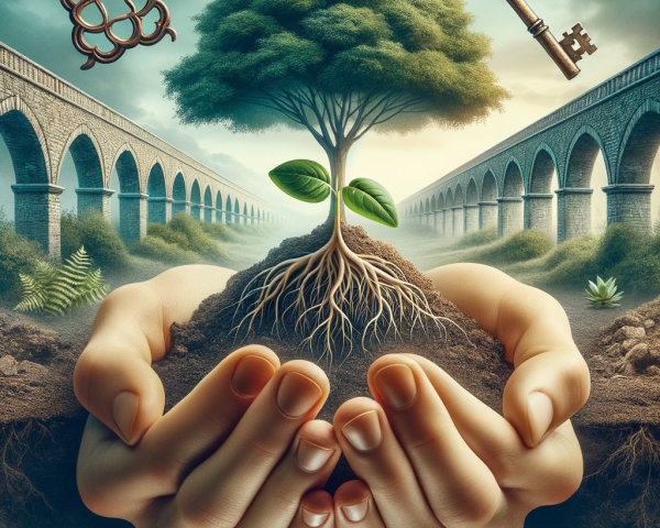 Surreal Landscape with Hands, Tree, and Aqueduct