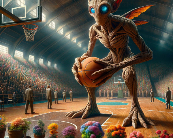 Giant Tree Creature with Wings in Gymnasium Scene