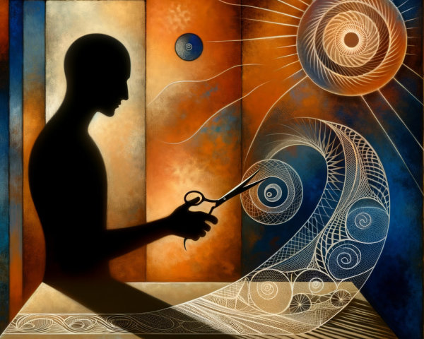 Silhouette of Figure with Scissors Amid Vibrant Colors