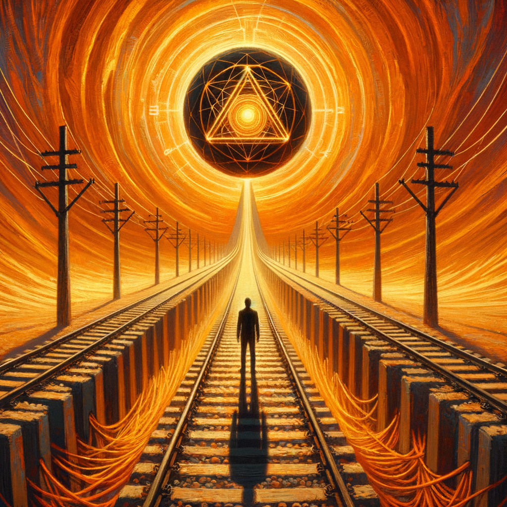 Solitary Figure on Railroad Tracks in Surreal Landscape