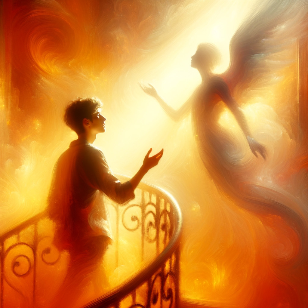 Surreal Scene of Young Man and Luminous Figure