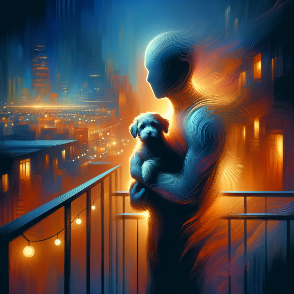 Ethereal Figure with Dog on Balcony at Night