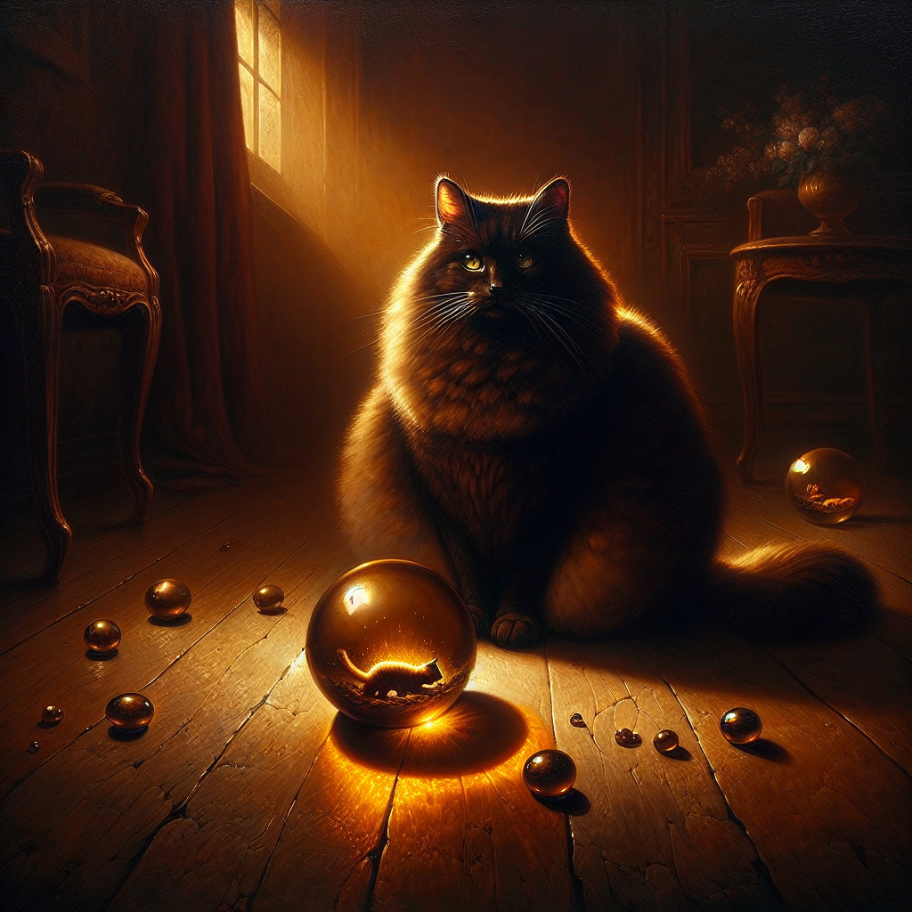 Fluffy Black Cat in Warmly Lit Room with Glass Orbs