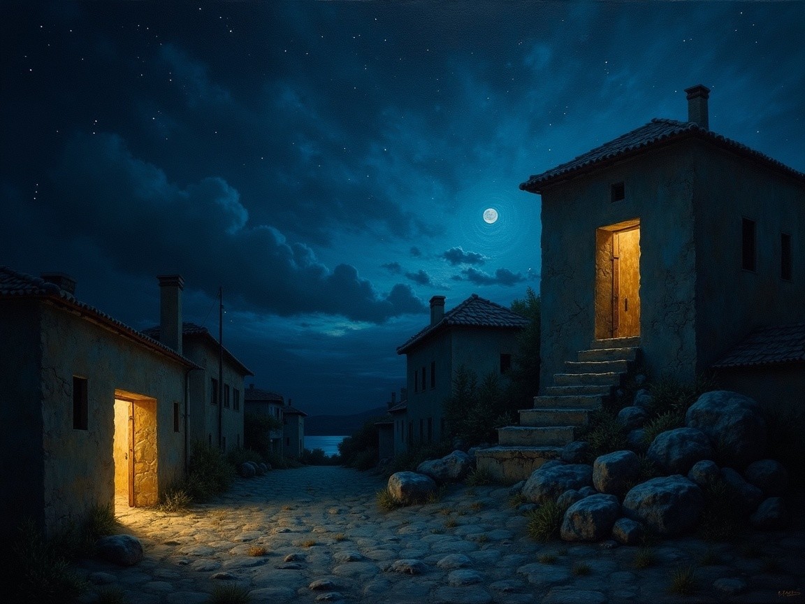Serene Nighttime Scene with Winding Stone Path