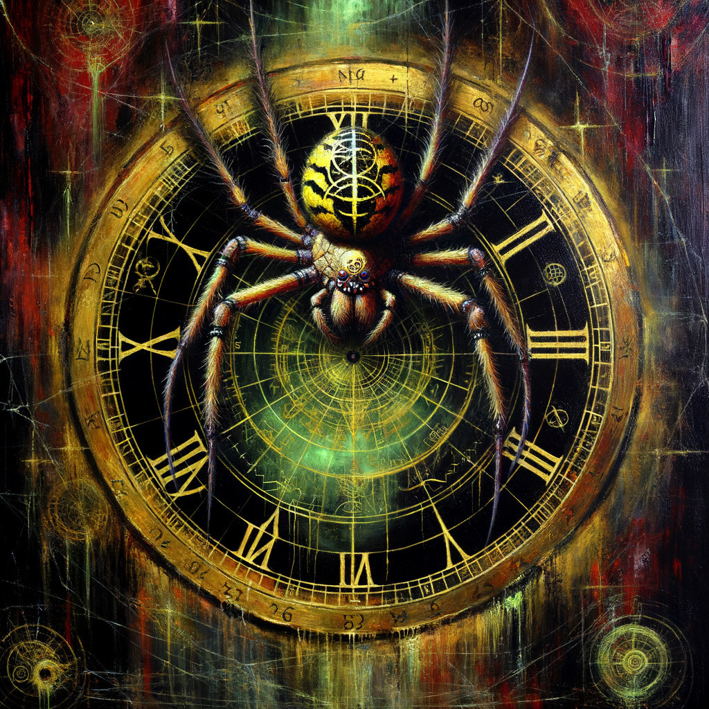 Intricate Spider Artwork with Clock Patterns and Colors