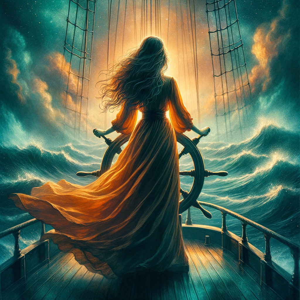 Woman in Orange Dress at Ship's Helm with Seascape
