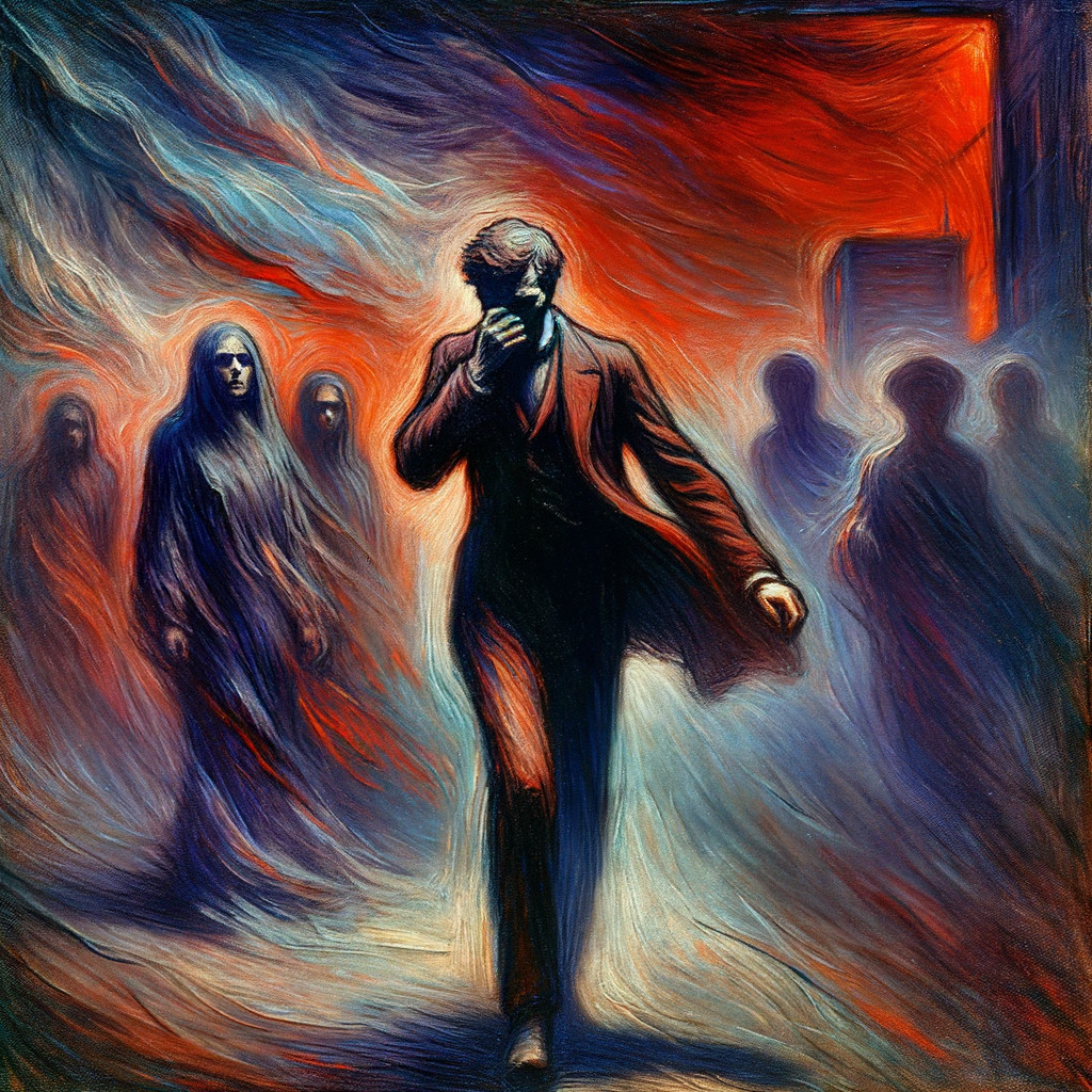 Figure in Dark Suit Amidst Colorful Haze and Shadows