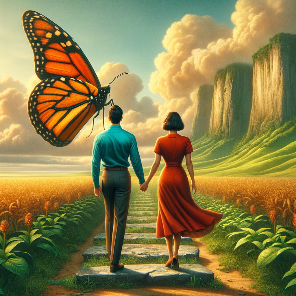 Couple Walking Through Golden Field with Cliffs and Sky