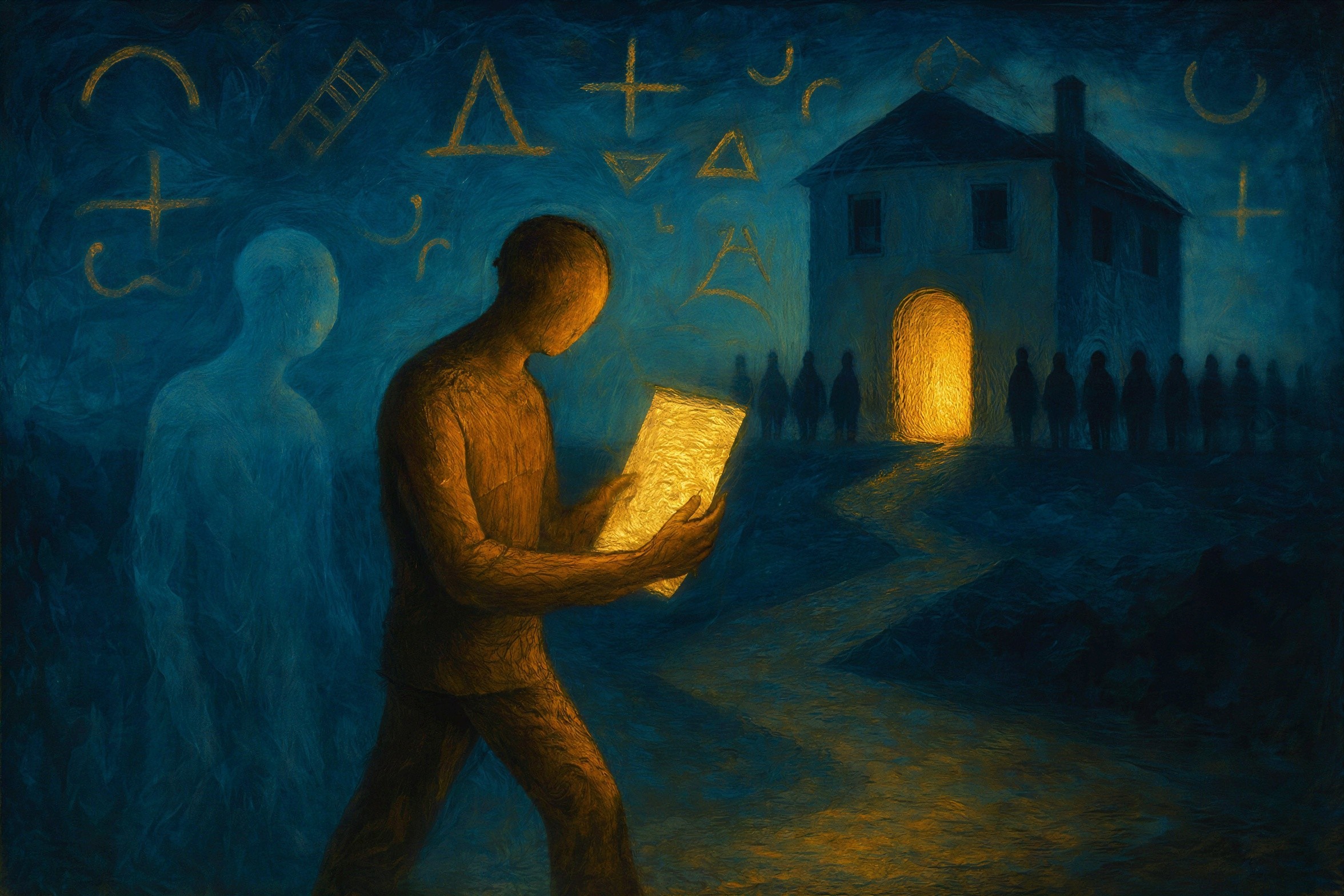 Textured Painting of Dark Fantasy Scene with Gold Creature