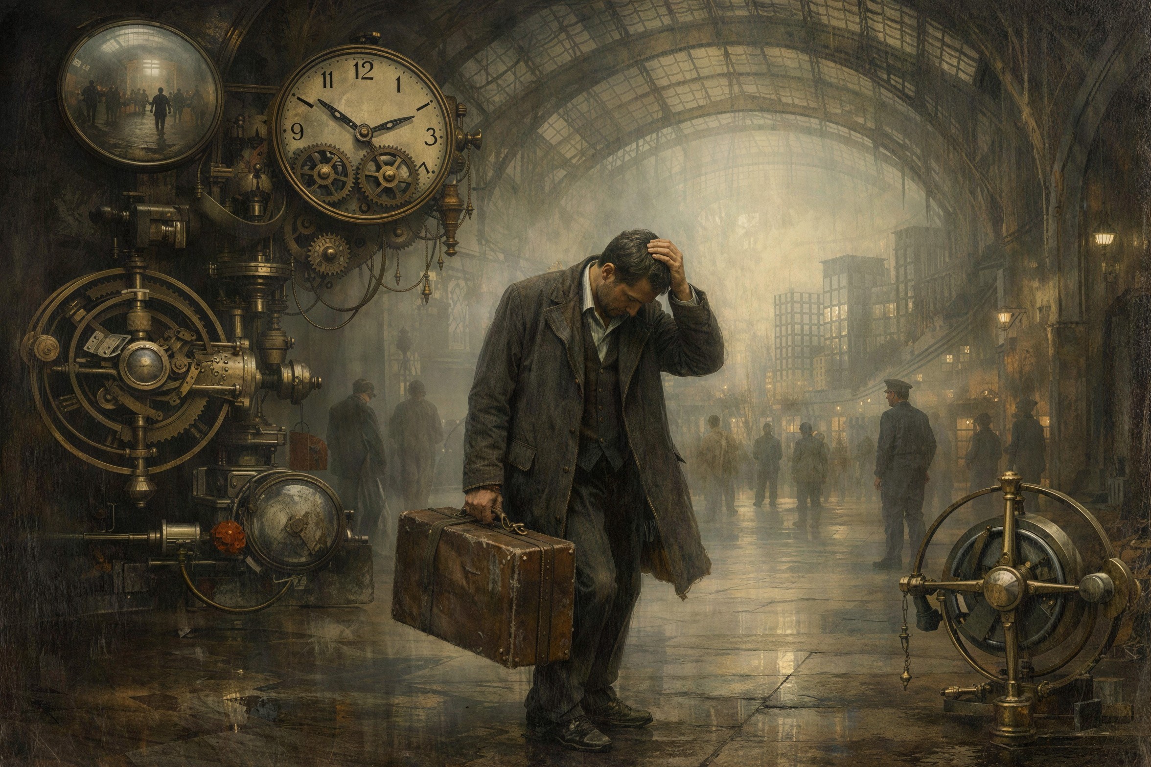 Man in dark coat at busy steampunk train station