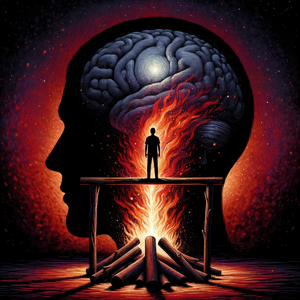 Silhouette of Head with Glowing Brain and Flames