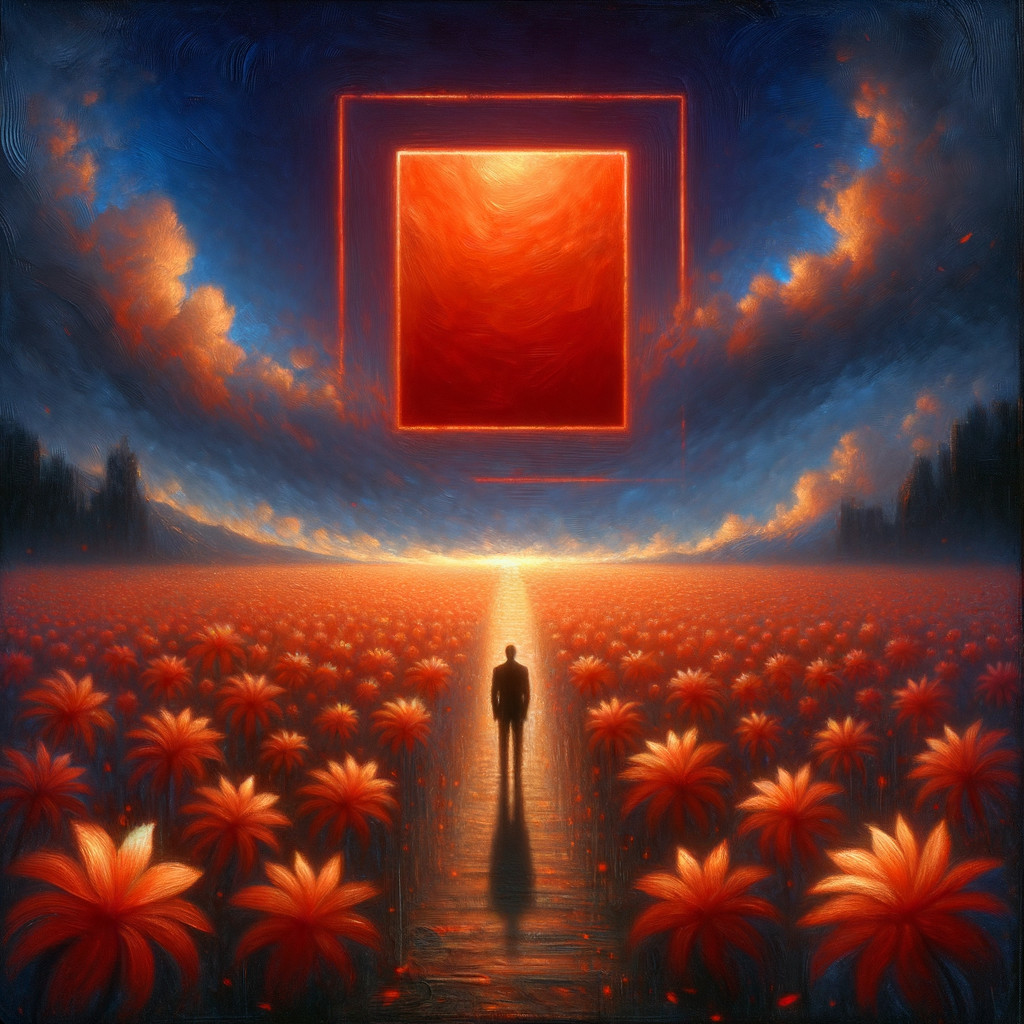 Solitary Figure in a Flower Field Under Dramatic Sky