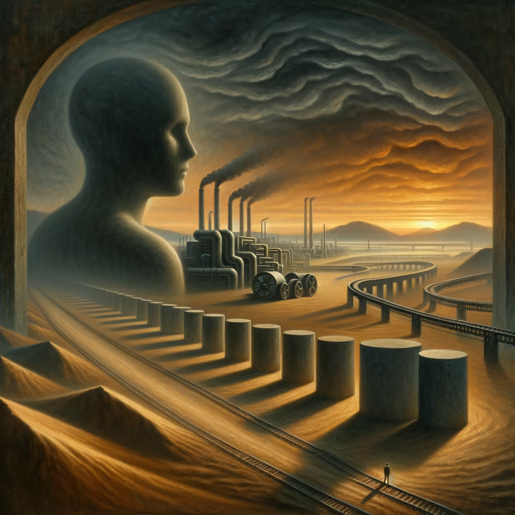 Surreal Landscape with Humanoid Figure and Industry