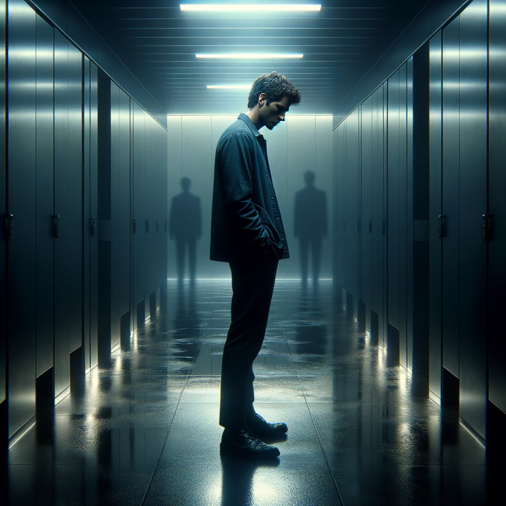 Solitary Figure in Dimly Lit Corridor with Lockers