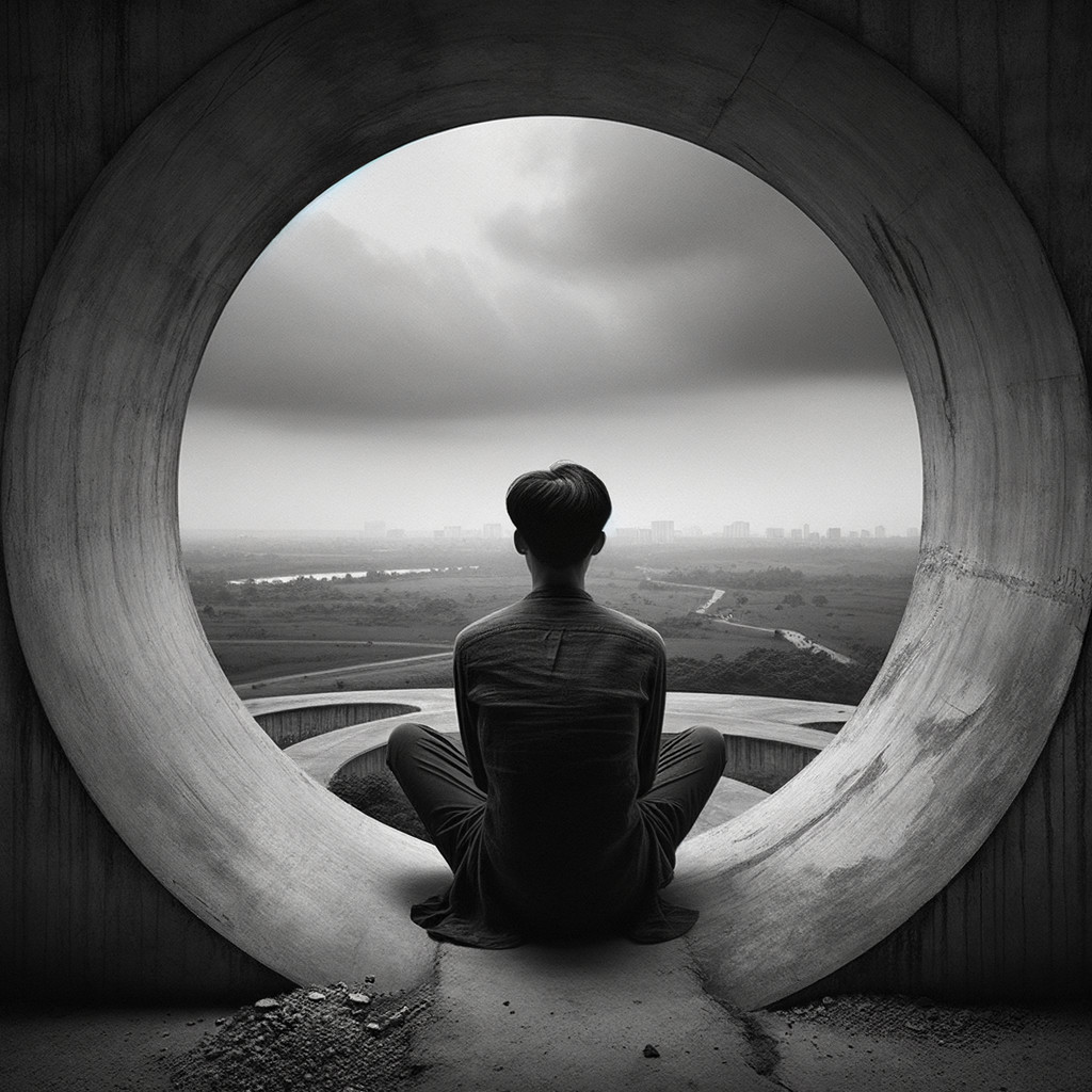 Solitary Figure in Circular Opening Overlooking Landscape