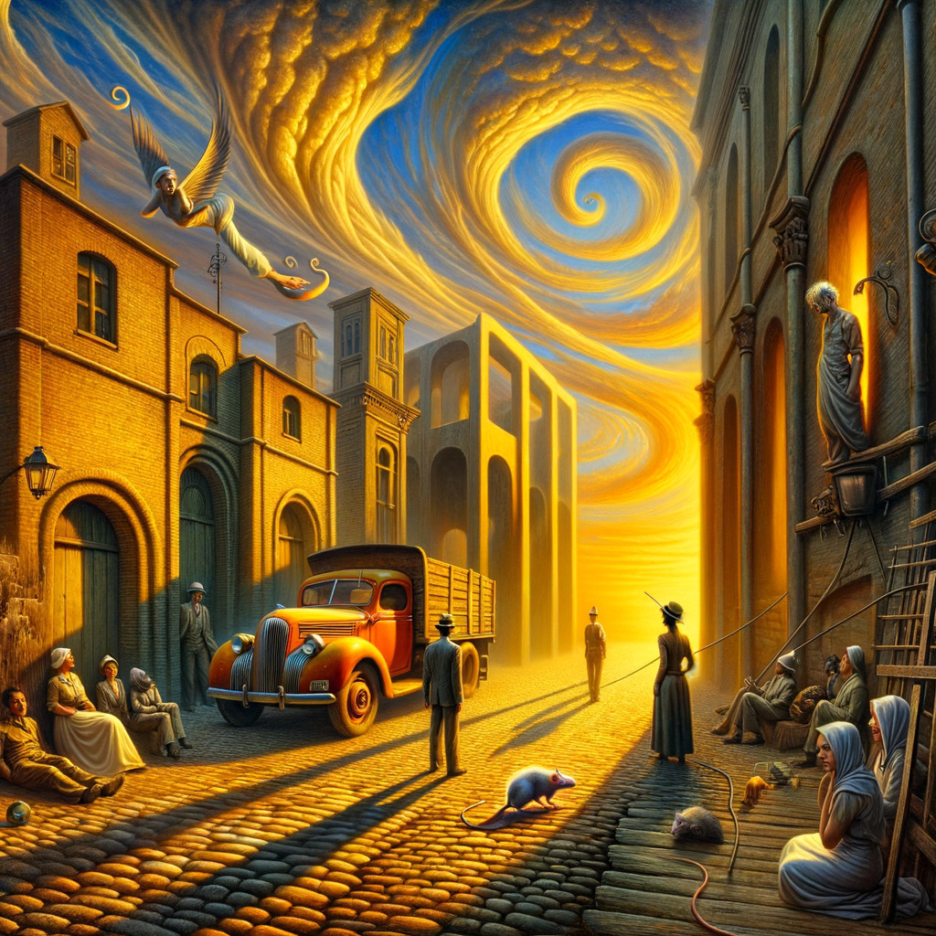 Surreal Sunset Street Scene with Vintage Truck and Figures
