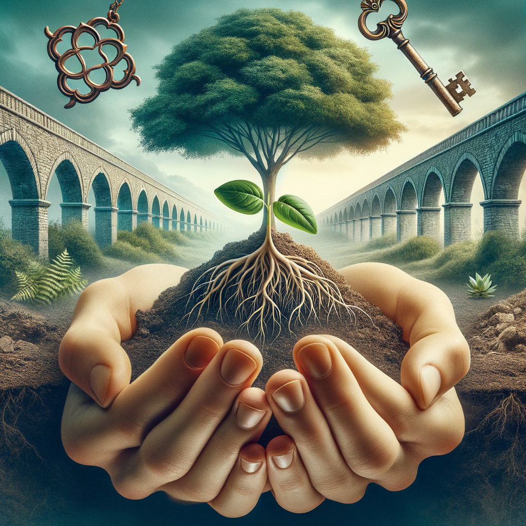 Surreal Landscape with Hands, Tree, and Aqueduct