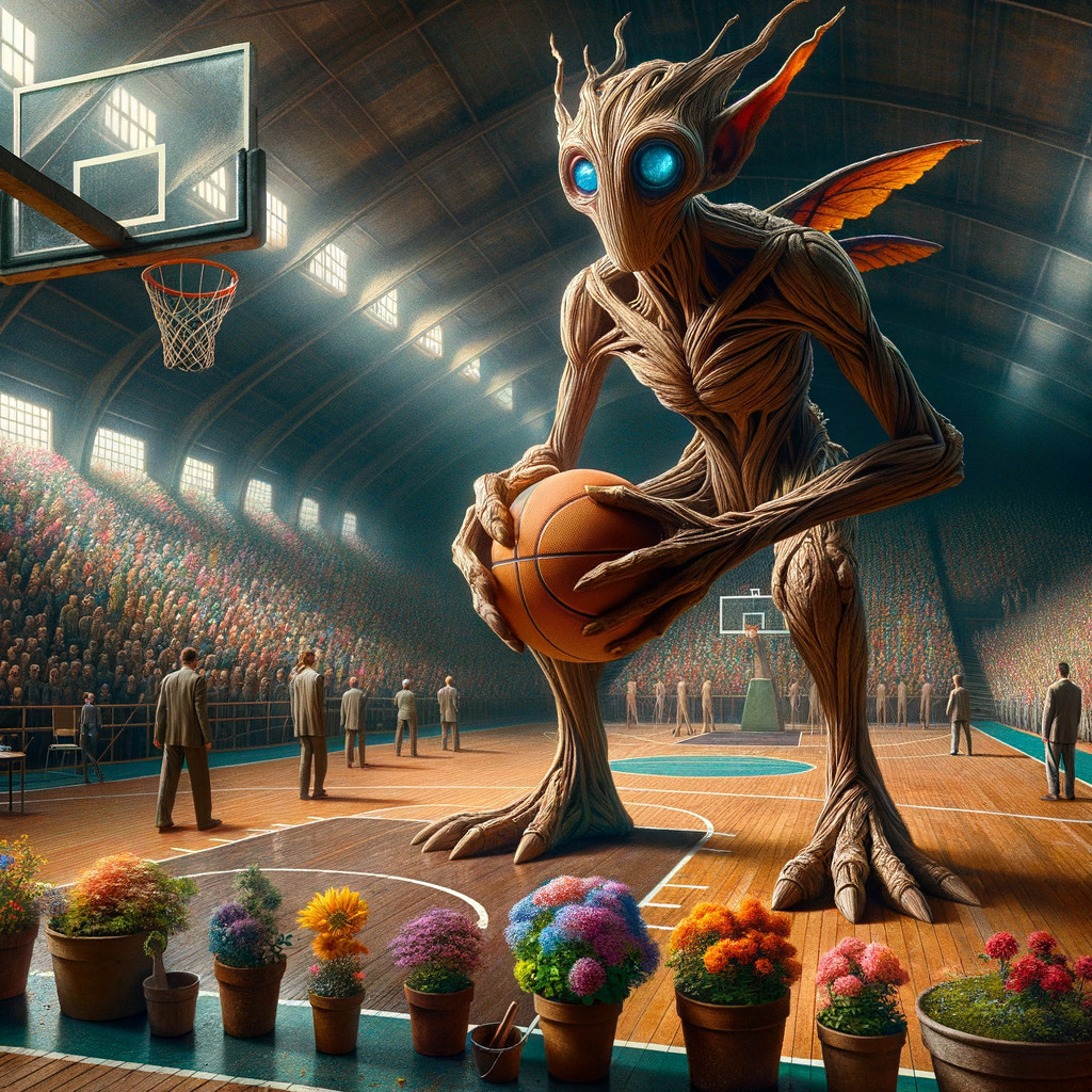 Giant Tree Creature with Wings in Gymnasium Scene