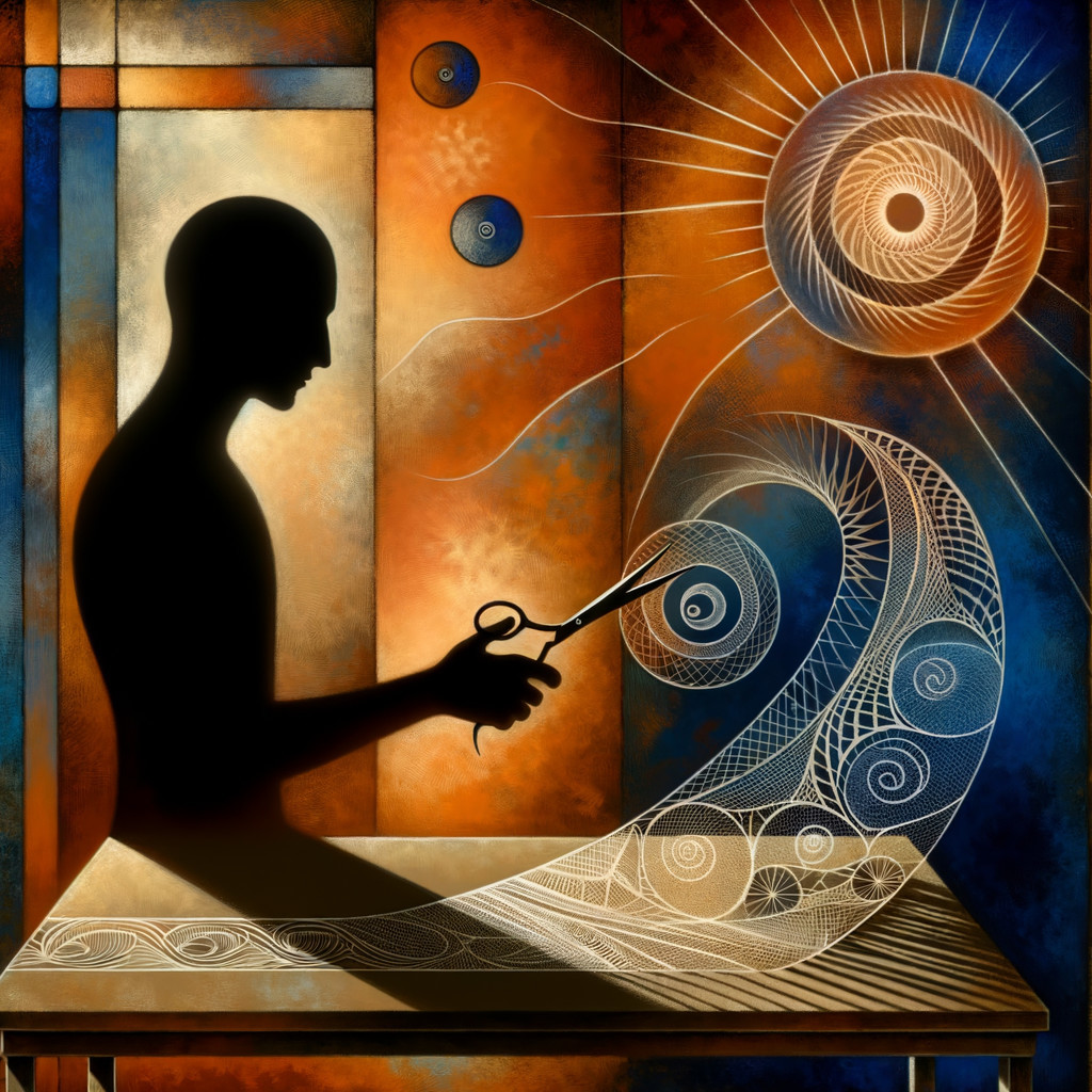 Silhouette of Figure with Scissors Amid Vibrant Colors