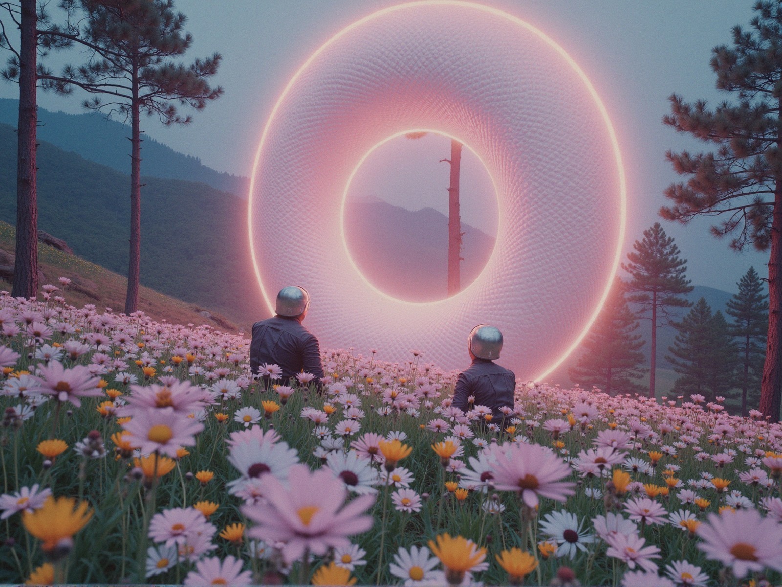 Figures in Silver Helmets Surrounded by Colorful Flowers
