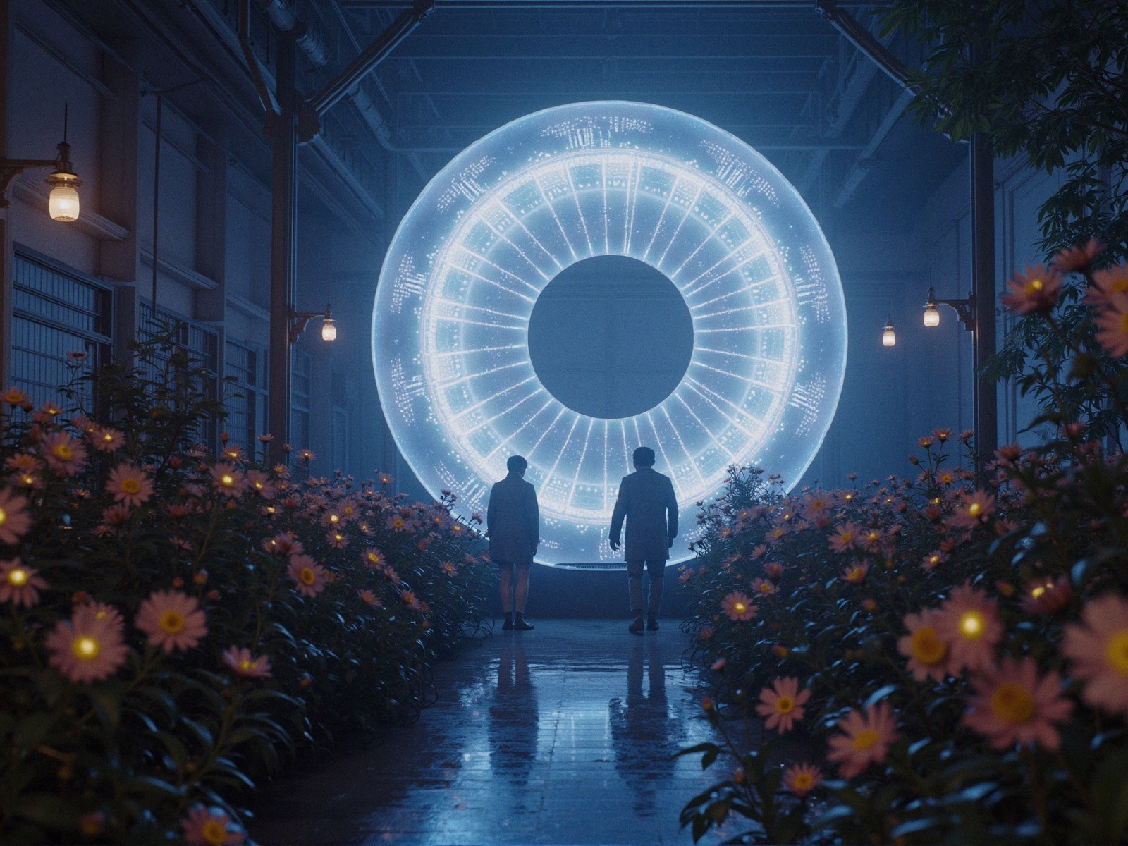 Men in Garden by Glowing Blue Portal with Flowers