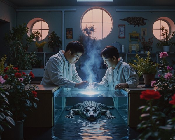 Scientists Examining Light Source in Jungle Laboratory