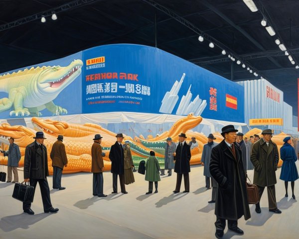 Trade Show Scene with Giant Crocodiles and Attendees