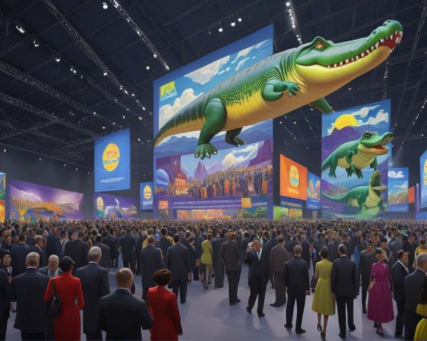 Convention Center with Diverse Crowd and Vibrant Banners