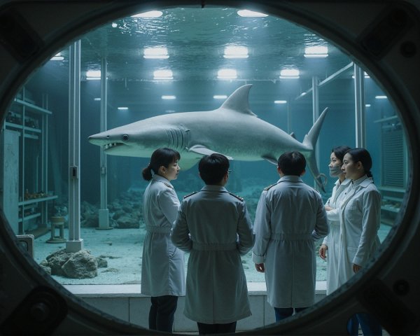 Submarine View of Scientists and Suspended Shark