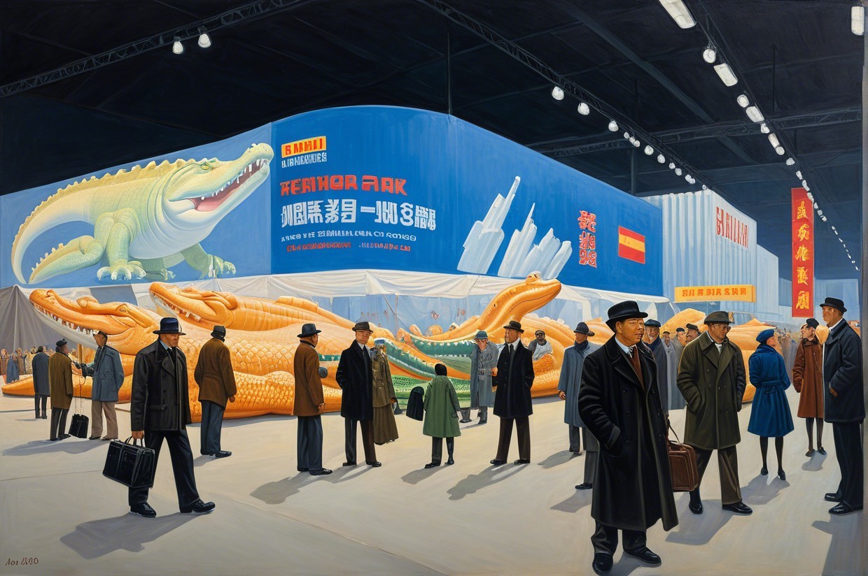 Trade Show Scene with Giant Crocodiles and Attendees