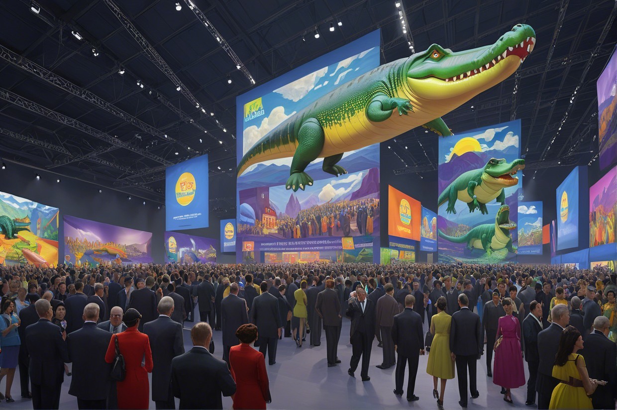 Convention Center with Diverse Crowd and Vibrant Banners