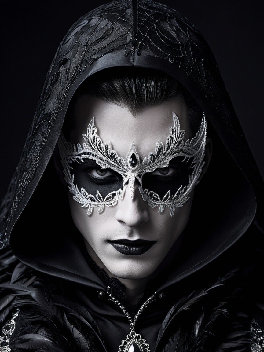 Elaborate Black Attire Portrait with Masquerade Mask