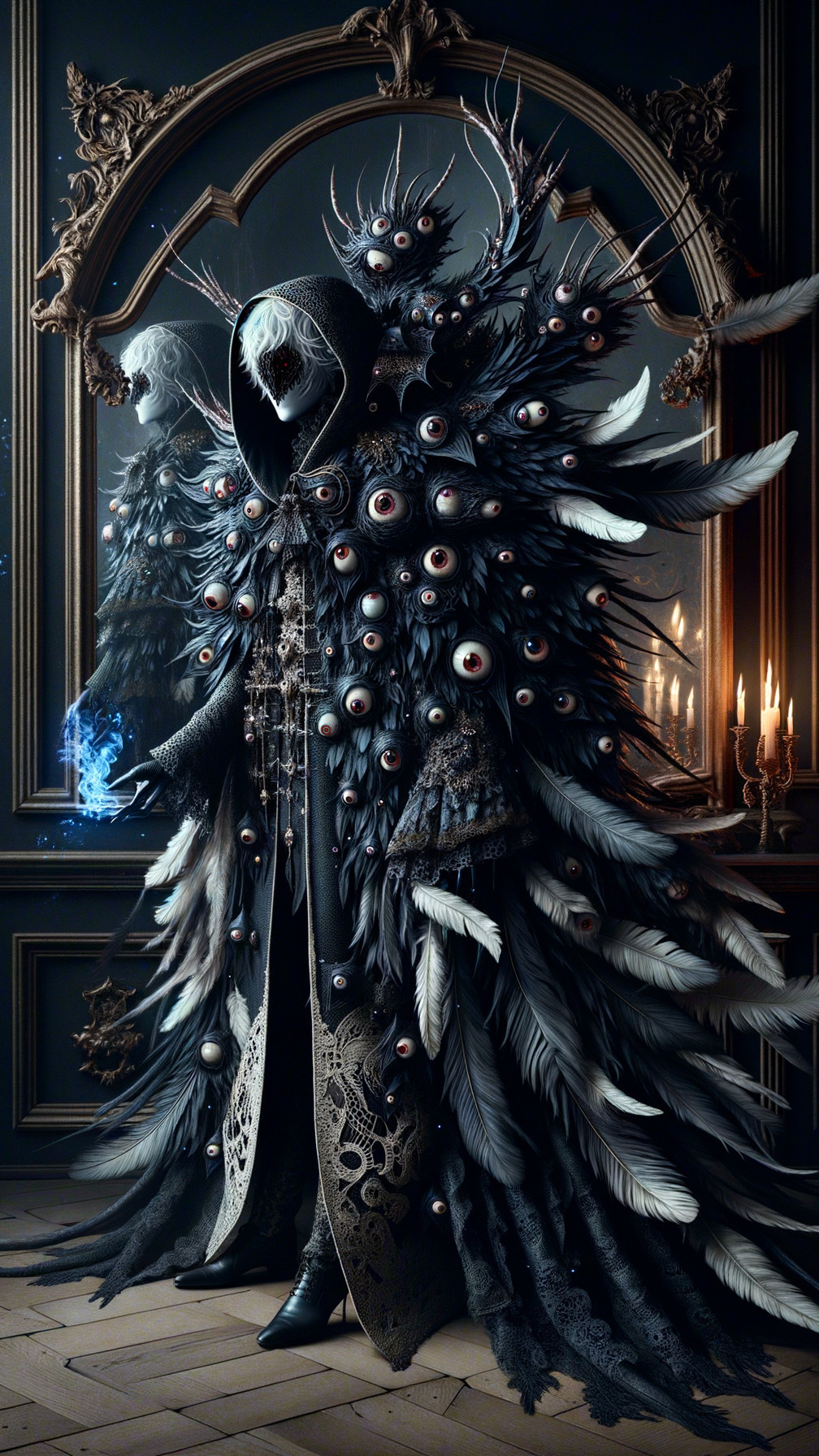 Cloaked figure with eyes and feathers in dark setting