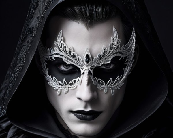 Elaborate Black Attire Portrait with Masquerade Mask