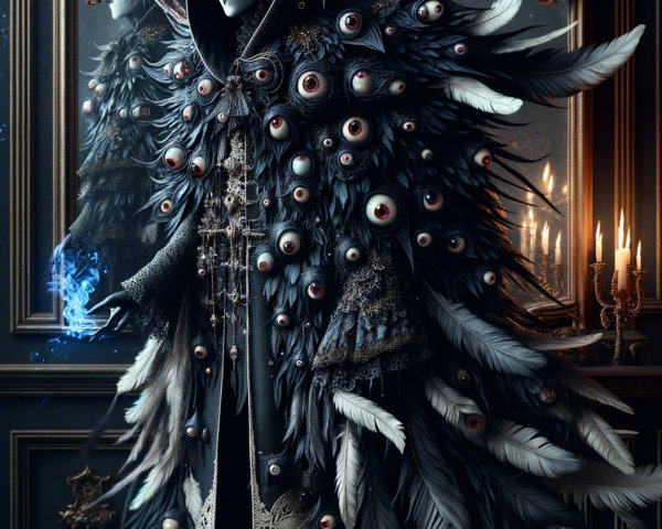 Cloaked figure with eyes and feathers in dark setting