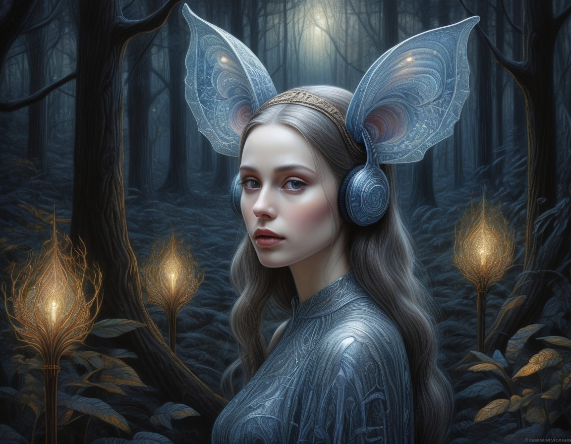 Mystical Forest Scene with Ethereal Young Woman